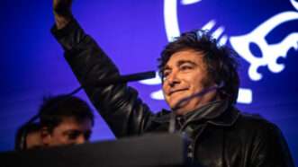 Javier Milei's speech. At 9 p.m., the first results were released, with Peronism winning by 13 points over La Libertad Avanza, the party of Javier Milei. | Daniella Fernandez Realin/ZUMA Press Wire