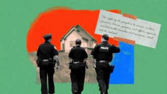 A green, blue, and red background with a picture of a house, three police officers, and the text of the Fourth Amendment | Illustration: Eddie Marshall | Bumbleedee | Dreamstime.com | Midjourney