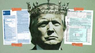 Illustration of President Donald Trump wearing a crown bracketed by a tax form (right) and a customs form (left) | Illustration: Eddie Marshall | Midjourney