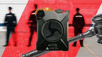 Police body cam, with law enforcement and a gavel in the background | Eddie Marshall | Midjourney