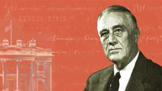 Franklin Roosevelt with an orange background and the White House | Illustration: Eddie Marshall |Flickr FDR Presidential Library & Museum | Midjourney