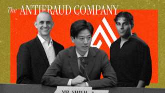 Illustration featuring (left to right) David Barclay, Alex Shieh, and Sahaj Sharda in front of the Antifraud Company's logo | Illustration: Eddie Marshall | Midjourney