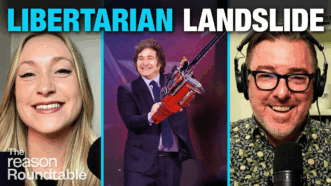 From left to right: Liz Wolfe smiling into a microphone, Javier Milei in a suit grinning while holding a red chainsaw, and Matt Welch laughing into a studio microphone. Large text across the top reads “LIBERTARIAN LANDSLIDE.” | Illustration: Eddie Marshall