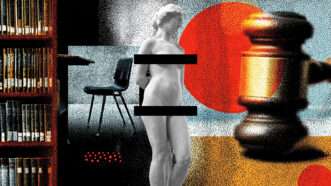A layered image including a censored statue, a gavel, a bookshelf, and a school desk | Illustration: Eddie Marshall | Daderot | Midjourney