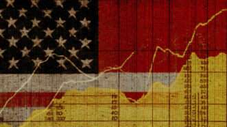 Illustration of an American flag, a line graph, and a data table | Illustration: Eddie Marshall | Midjourney