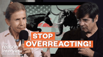Novelist Lionel Shriver is on the left and Nick Gillespie is on the right, with an illustration of a donkey and elephant clashing in the background. Bold text across the center reads “STOP OVERREACTING!” | Illustration: Eddie Marshall