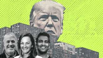 Illustration featuring Jess Nepstad, Cassie Abel, and Aabesh De (left to right) in front of shipping containers with President Donald Trump's face in the background | Illustration: Eddie Marshall | Midjourney