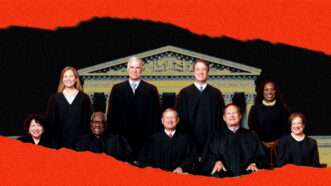 Supreme Court, with the justices in front | Illustration: Eddie Marshall | Collection of the Supreme Court of the United States | Midjourney