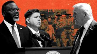 Chicago Mayor Brandon Johnson, Illinois Governor J.B. Pritzker, and President Donald Trump | Illustration: Eddie Marshall | Defense Visual Information Distribution Service  | Get Archive | Alexandra Buxbaum | Sipa USA | CNP | AdMedia | SIPA | Newscom