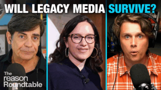 Nick Gillespie on the left, Bari Weiss in the center smiling, and Eric Boehm on the right looking wide-eyed and surprised. Large text at the top reads “WILL LEGACY MEDIA SURVIVE?” | Illustration: Eddie Marshall