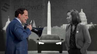 Illustration of Empower CEO Joshua Sear facing D.C. Mayor Muriel Bowser | Illustration: Eddie Marshall | Jack Nicastro | Andrew Thomas | CNP | Polaris | Newscom | Midjourney