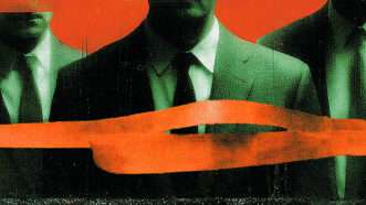 Board of men in suits, with red tape | Illustration: Eddie Marshall | Midjourney