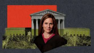 Amy Coney Barrett and the U.S. Supreme Court | Illustration: Eddie Marshall | Rachel Malehorn | Wikimedia Commons | Midjourney