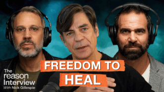 Filmmaker Jon Shenk appears on the left, host Nick Gillespie is in the center speaking into a microphone, and former Navy SEAL Marcus Capone is on the right. All three wear headphones against a dark teal background. Bold orange text across the center reads “FREEDOM TO HEAL.” | Illustration: Eddie Marshall