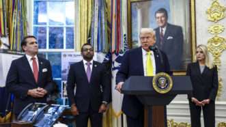 President Donald Trump with Deputy Attorney General Todd Blanche, FBI Director Kash Patel, and Attorney General Pam Bondi at an Oval Office press conference | CNP/AdMedia/Sipa/Newscom