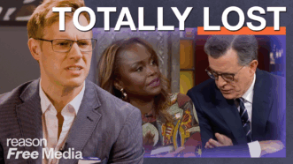 Reason Senior Editor Robby Soave pictured with an image of Karine Jean-Pierre and Stephen Colbert | Illustration: Eddie Marshall | CBS News