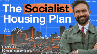 A photo of Zohram Mamdni in a green jacket in front of a blue background filled in by an outline of urban buildings, with text covering the background that reads "The Socialist Housing Plan for NYC". | Illustration: Adani Samat | Photo: Kara McCurdy