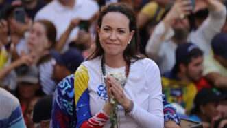 Venezuelan opposition leader Maria Corina Machado is leading a demonstration against the re-inauguration of authoritarian President Maduro. | Jesus Vargas/dpa/picture-alliance/Newscom