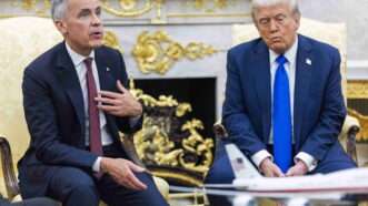Canadian Prime Minister Mark Carney sits in the Oval Office with President Donald Trump, whose lips are pursed. | Shawn Thew - Pool via CNP/ZUMA Press/Newscom