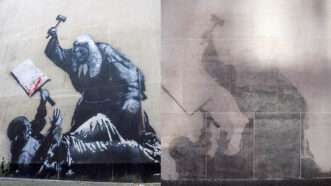 Side by side photos showing a Banksy mural before and after it was scrubbed off | Photo: Vuk Valcic/Alamy