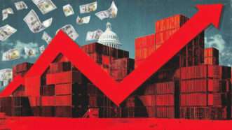 Cargo containers, cash, and a stock arrow going up. | Illustration: Eddie Marshall | Kacpura | Dreamstime.com | Midjourney