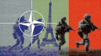 United Nations peacekeeping forces, the U.N. logo, and the Eiffel Tower. | Illustration: Eddie Marshall | Midjourney