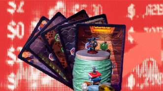 Board game cards and pieces with a red dollar background | Images courtsey Cephalofair Games; Illustration: Eddie Marshall | Midjourney