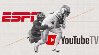 Over a white background, a football player in a dark uniform wraps his arms around a player in a white uniform. The players are in black and white, and the ESPN logo is in the top left corner of the image with the YouTube TV logo in the bottom right. | Illustration: Eddie Marshall | Randy Litzinger | Icon Sportswire 966 | Randy Litzinger | Icon Tomert | Dreamstime.com