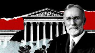 U.S. Supreme Court building with Justice George Sutherland | Illustration: Eddie Marshall | Library of Congress | Midjourney