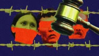 Censored faces shown in yellow and red against a blue background with yellow barbed wire and a gavel in the foreground | Illustration: Eddie Marshall | Midjourney
