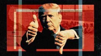 Illustration of President Donald Trump giving a thumbs-up to an H-1B application and the thumbs-down to immigrants at the Mexican-American border | Illustration: Eddie Marshall | Defense Visual Information Distribution Service | Midjourney