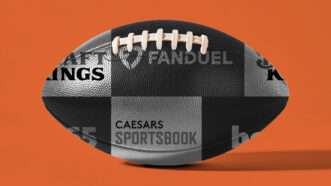 An orange background, with a black and white football over it, and various sportsbook logos imposed over the football in black and white. | Illustration: Eddie Marshall | Midjourney