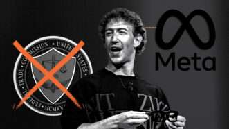 Illustration of Mark Zuckerberg between a crossed out FTC logo and a Meta logo | Illustration: Eddie Marshall | Andrej Sokolow | dpa | picture-alliance | Newscom