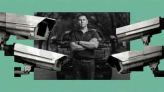 A man,, surrounded by surveillance cameras | Illustration: Eddie Marshall | Institute for Justice | Midjourney