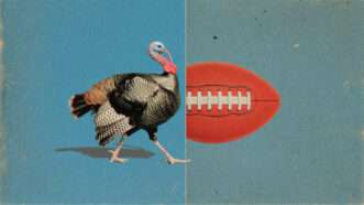 A side image of a turkey next to a football, viewed from above, with both in front of a blue background. | Illustration: Eddie Marshall | Midjourney