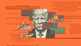 Illustration of Donald Trump, burning bills, shipping containers, and legal briefs | Illustration: Eddie Marshall | Midjourney