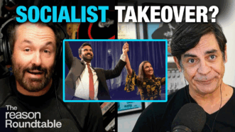Peter Suderman appears on the left, speaking into a microphone. Nick Gillespie is on the right, with a surprised expression. In the center, Zohran Mamdani and Representative Alexandria Ocasio-Cortez stand onstage, smiling and holding hands raised in the air. Large turquoise and white text at the top reads “SOCIALIST TAKEOVER?” | Illustration: Eddie Marshall