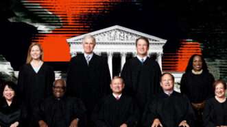 The Supreme Court justices in the foreground, the Supreme Court building in the background, and red and black tint across the background | Illustration: Eddie Marshall | Collection of the Supreme Court of the United States | Midjourney