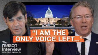 Nick Gillespie is on the left and Senator Rand Paul is on the right with an image of the U.S. Capitol Building at nighttime seen behind them, with an orange banner beneath them that reads “I AM THE ONLY VOICE LEFT...” | Illustration: Eddie Marshall