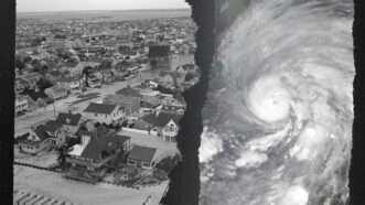 Black and white images side by side, the left of an aerial view of a flooded town and the right of the eye of a hurricane | Illustration: Eddie Marshall | DVIDSHUB | NASA