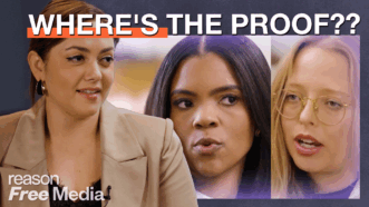 Amber Duke pictured next to an image of Candace Owens and Elle Reeve. The Reason Free Media logo is in the lower left corner with the words "WHERE'S THE PROOF??" across the top of the image | Illustration: Eddie Marshall
