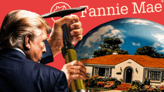 Illustration of President Donald Trump inflating a literal housing bubble | Credit : Adani Samat, Midjourney