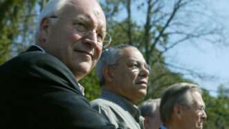 United States Vice President Dick Cheney, Secretary of State Colin Powell and Secretary of Defense Donald Rumsfeld listen to United States President George W. Bush and President Vladimir Putin of Russia speak during a news conference September 27, 2003 at Camp David, Maryland. | Mark Wilson/picture alliance / Consolidated News Photos/Newscom