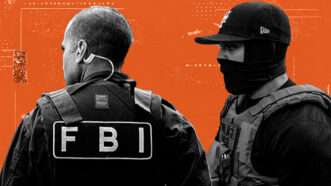 Two federal law enforcement agents: One, in an FBI vest, without a mask, and one, with a "Police ICE" patch on his vest, wearing a face mask. | Illustration: Eddie Marshall | Shinsuke Ikegame | Michael Nigro | ZUMAPRESS | Newscom | Midjourney