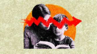 A child and his mother are seen studying behind a red arrow | Illustration: Eddie Marshall | Midjourney