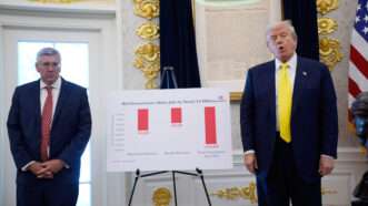 President Donald Trump stands in the Oval Office next to a bar graph with three red lines on an easel. Economist Stephen Moore is standing on the opposite side of the graph. | Yuri Gripas - Pool via CNP/CNP / Polaris/Newscom