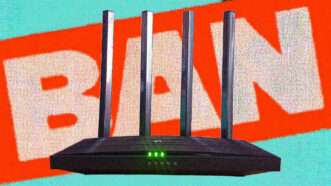 A TP-Link wireless router, with the word "BAN" behind it. | Illustration: Eddie Marshall | Paowee | Midjourney