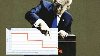 Illustration of President Donald Trump pushing down the upper limit of the federal funds rate | Illustration: Eddie Marshall | Midjourney