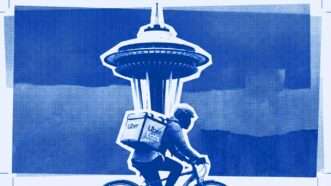 A layered blue background with the Seattle Space Needle and a delivery driver on a bicycle, both tinted blue | https://x.com/SecWar/status/2001113071108882526