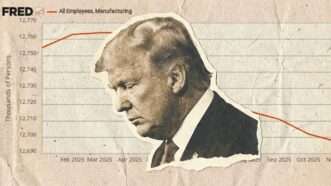 Illustration of President Donald Trump looking disappointed in front of a graph of declining manufacturing employment | Illustration: Eddie Marshall | Nano Banana